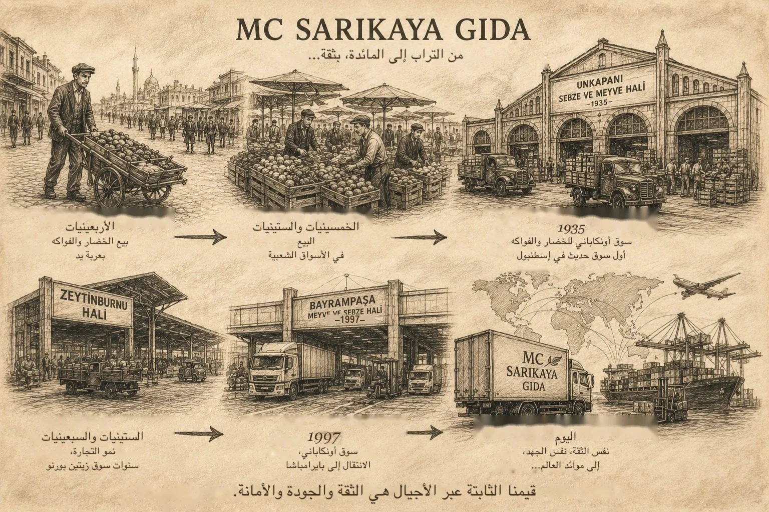 رسم توضيحي لمسيرة MC Sarıkaya Gıda من الأربعينيات حتى اليوم: التجارة بعربة اليد، الأسواق الشعبية، أسواق الجملة، والتصدير إلى الأسواق العالمية